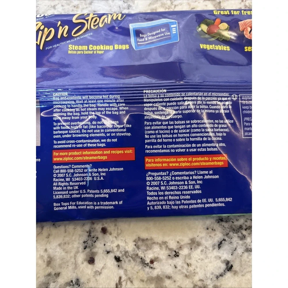 Ziploc Zip'N Steam Cooking Bags Large 7 Pack 9 1/4in X 8in Servings discontinued